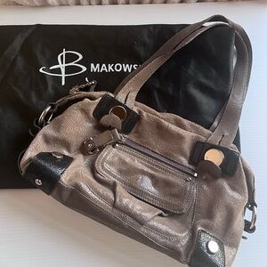 B. Makowsky Glittery Gray Leather Satchel Shoulder Bag + Dust Bag